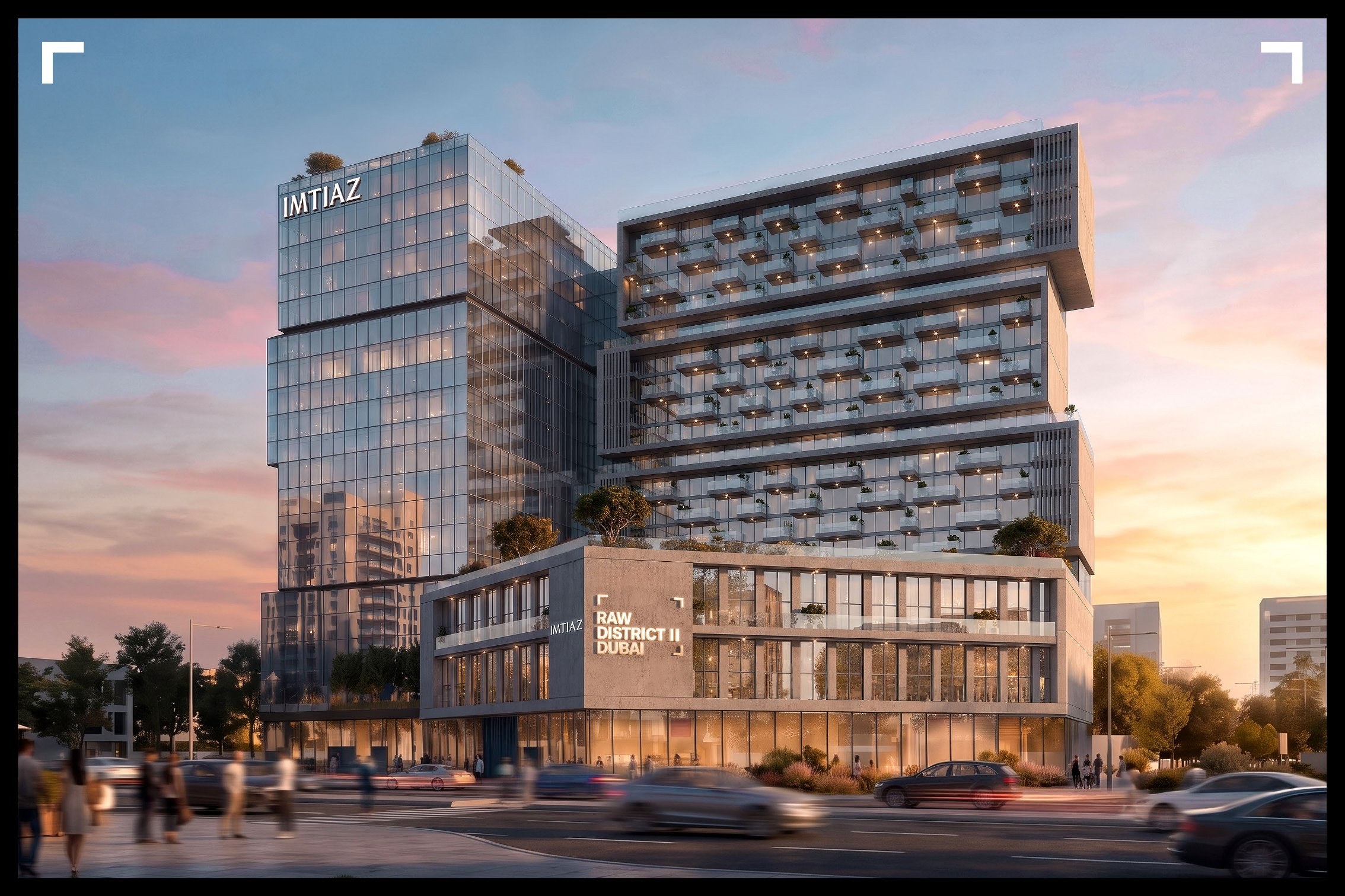 RAW District II. Street-level sunset render, glass and concrete facade from SZR